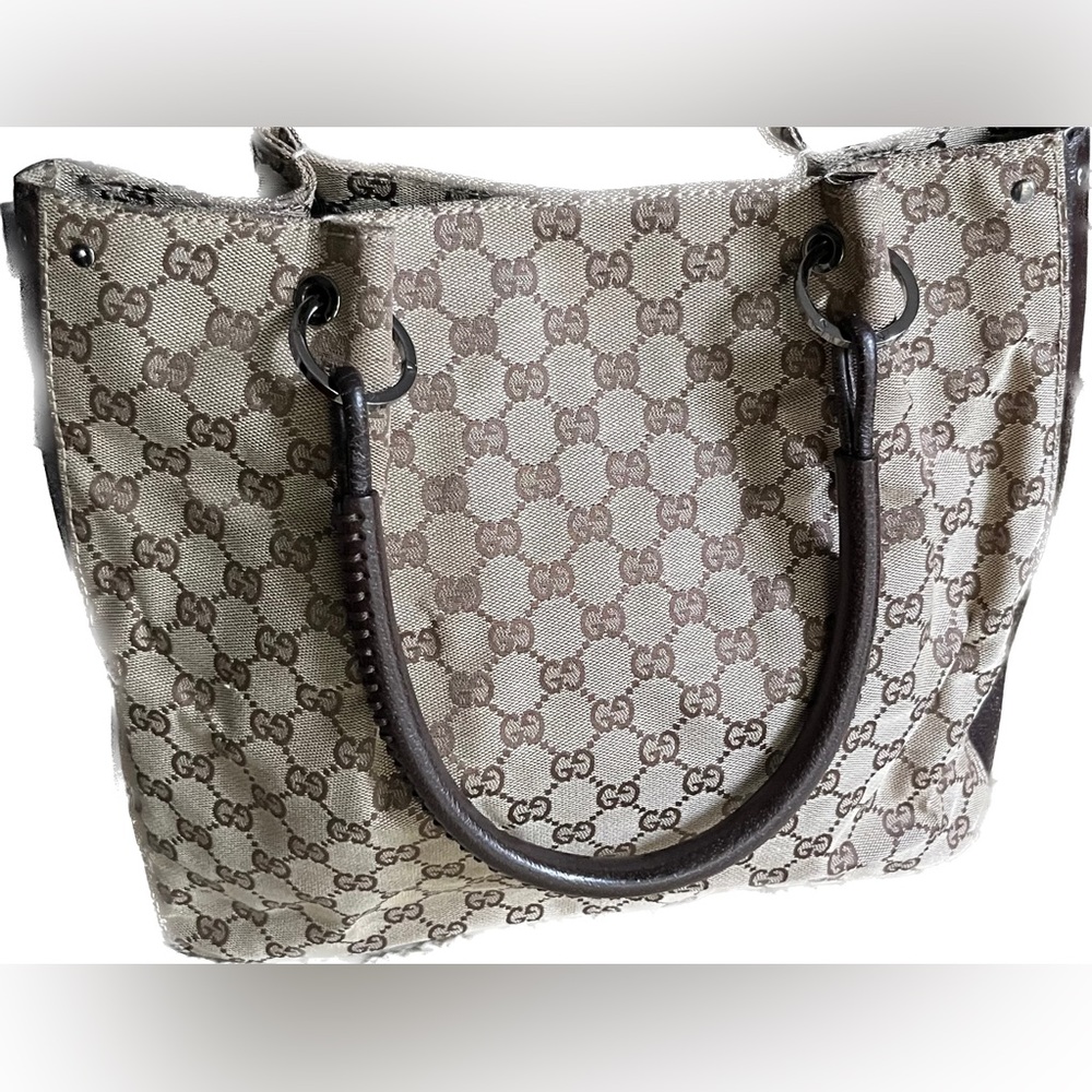 Authentic Gucci Tote Bag GG Canvas Brown Cinghiale Leather Great Condition!